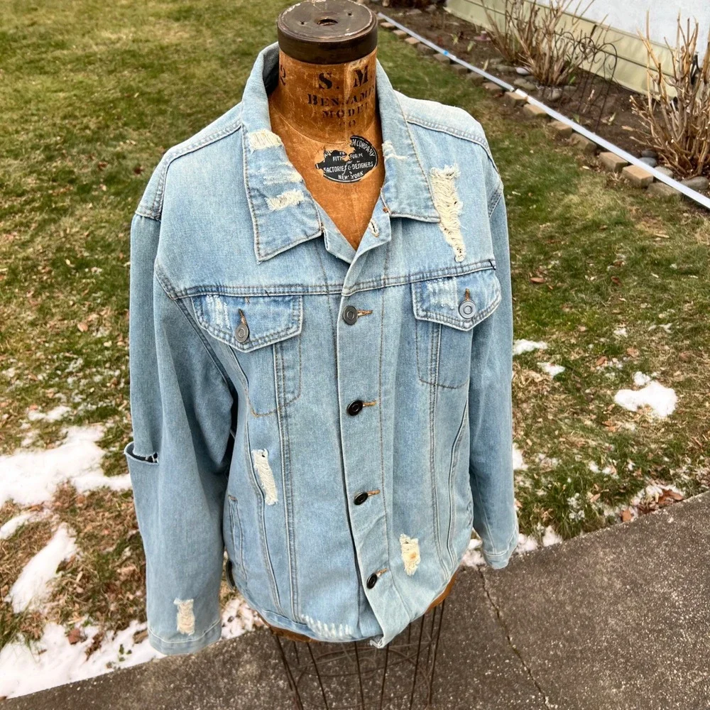 Carbon 2 Cobalt Distressed Denim Jean Jacket Men XXL‎ Trucker Blue Grunge Rugged